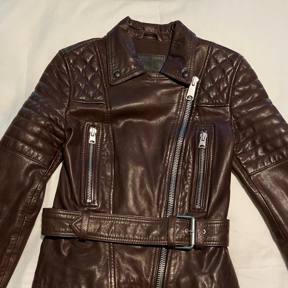 All Saints BRYDEN Belted Oxblood Leather Moto Jacket UK 8 / US 4 - Picture 2 of 4